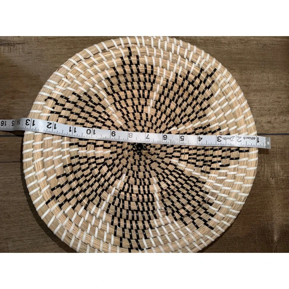 Handmade Woven Wall Basket Decor Boho Round Shallow Bowl Black White 12 Inch